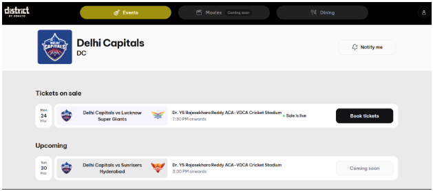 Delhi Capitals match tickets page on District website
