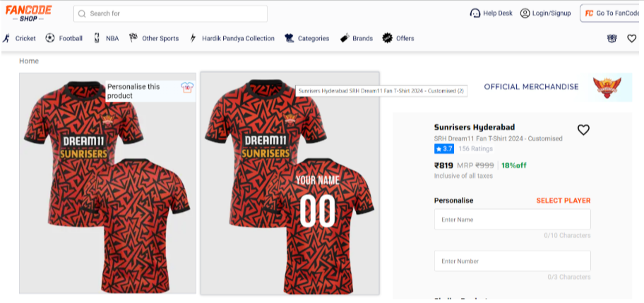 FanCode Shop: Sunrisers Hyderabad Dream11 custom jersey 